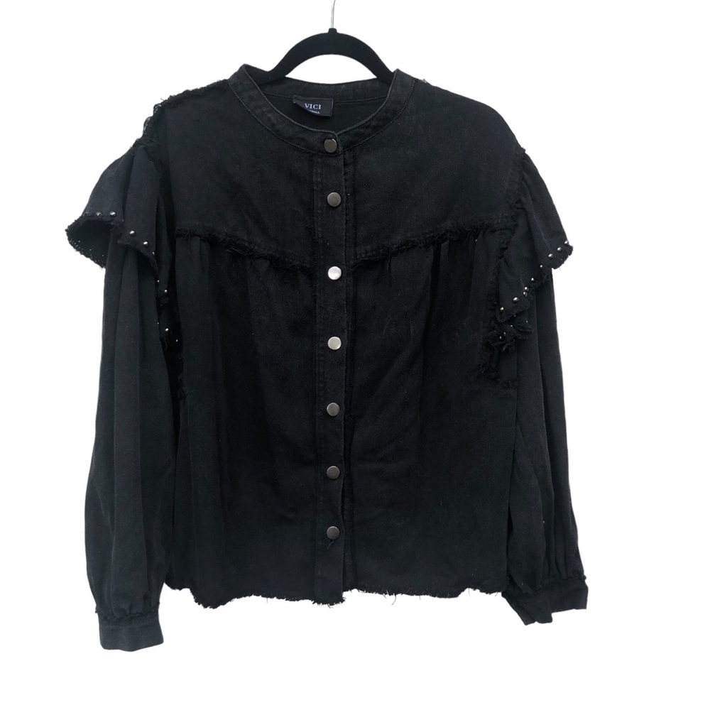 Vici Black Denim Studded Ruffle Shoulders size XS - Picture 6 of 7